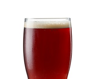 Photo of Glass of dark beer isolated on white