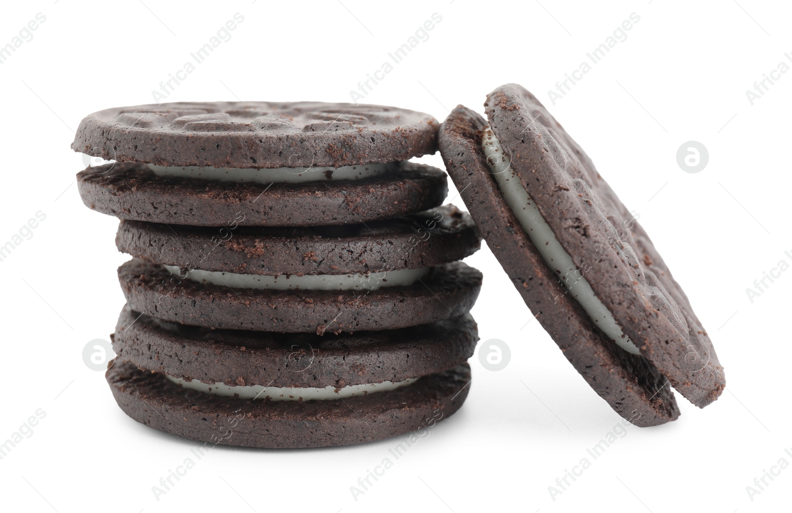 Photo of Many tasty sandwich cookies isolated on white