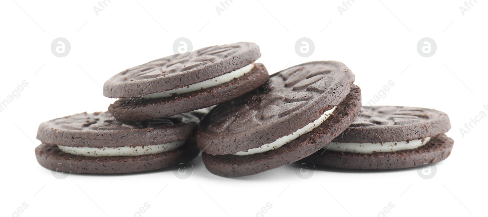 Photo of Many tasty sandwich cookies isolated on white