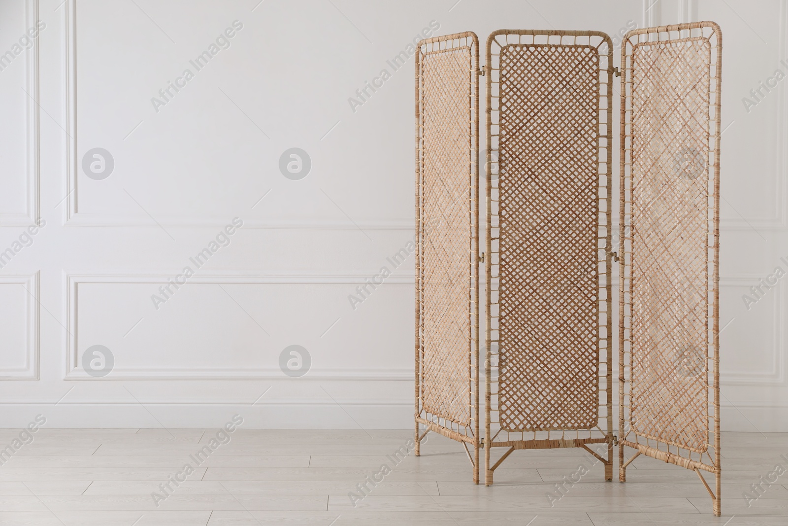 Photo of One folding screen near white wall indoors, space for text