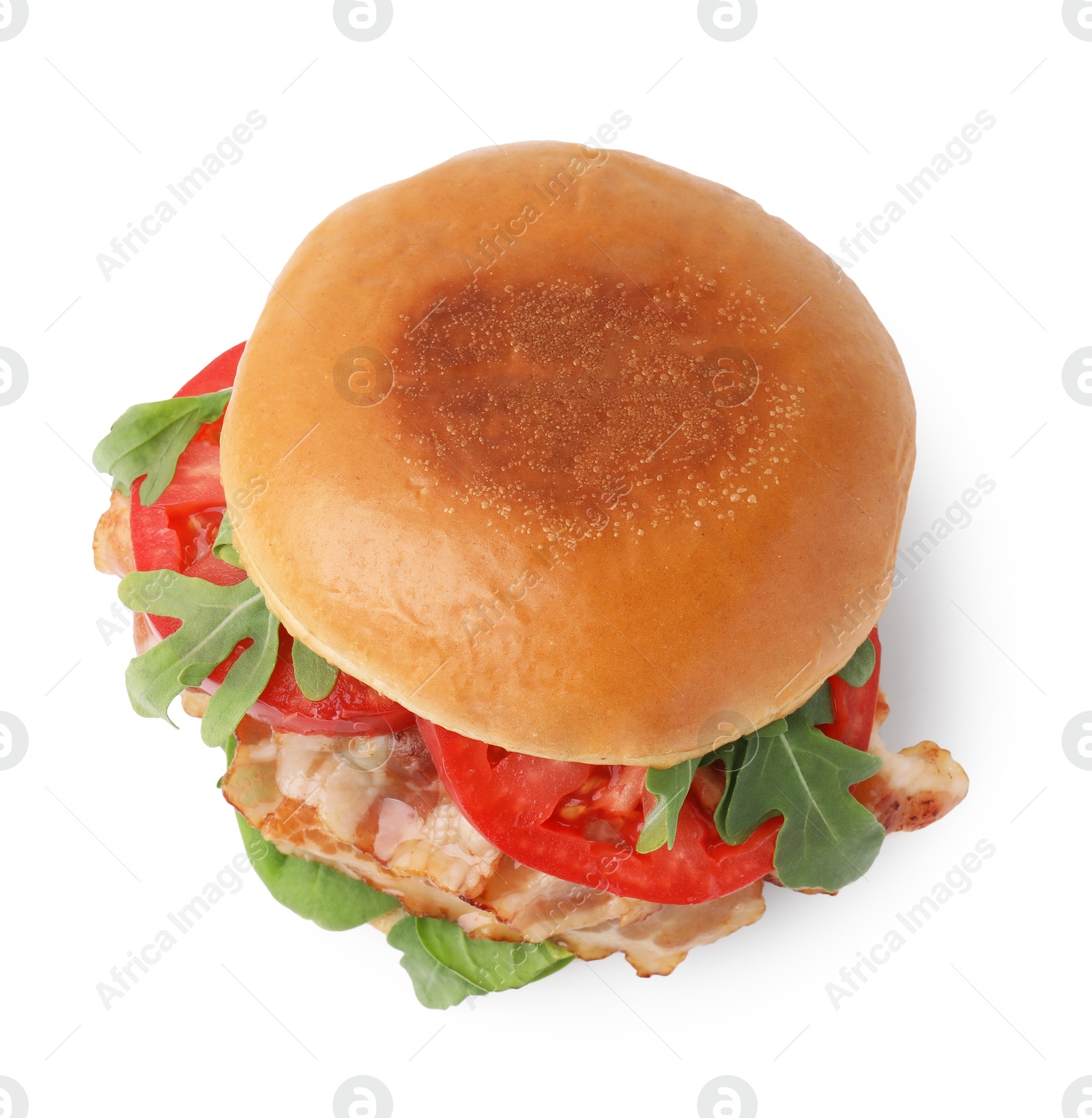 Photo of Delicious burger with bacon, tomato and greens isolated on white, top view