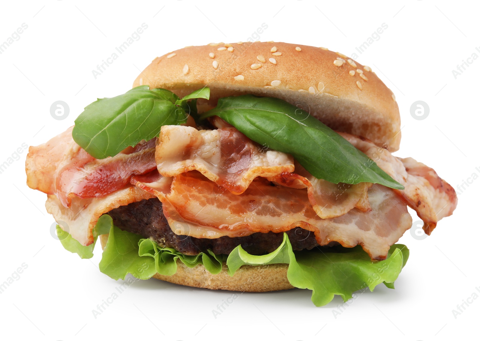 Photo of Delicious burger with bacon and greens isolated on white