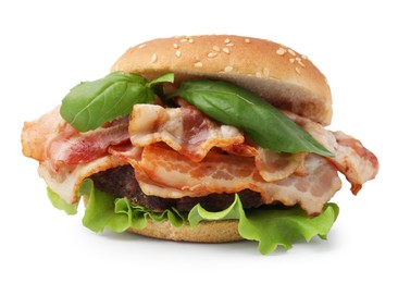 Photo of Delicious burger with bacon and greens isolated on white