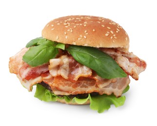 Delicious burger with bacon and greens isolated on white