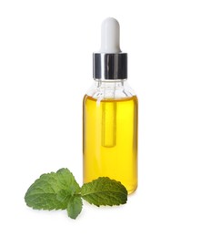 Photo of Bottle of essential oil and mint isolated on white