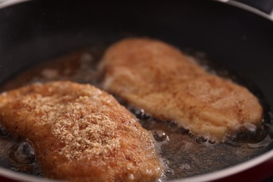 Schnitzels cooking in frying pan on stove, closeup