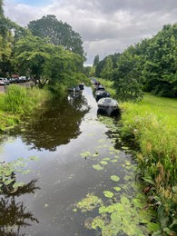 Photo of Picturesque view of canal with moored boats