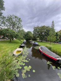 Picturesque view of canal with moored boats