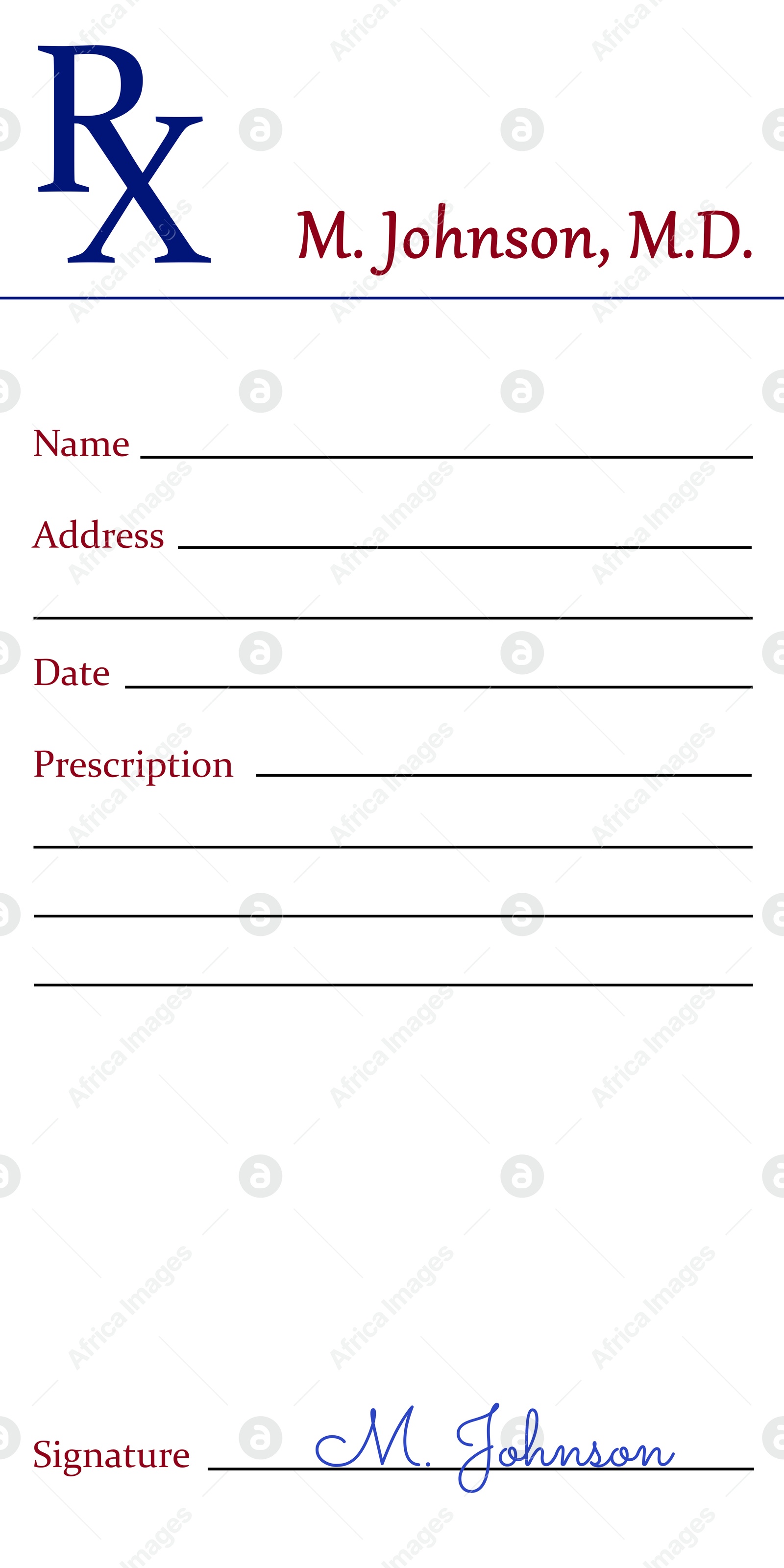 Image of Medical prescription with empty fields, abbreviation RX and signed by doctor