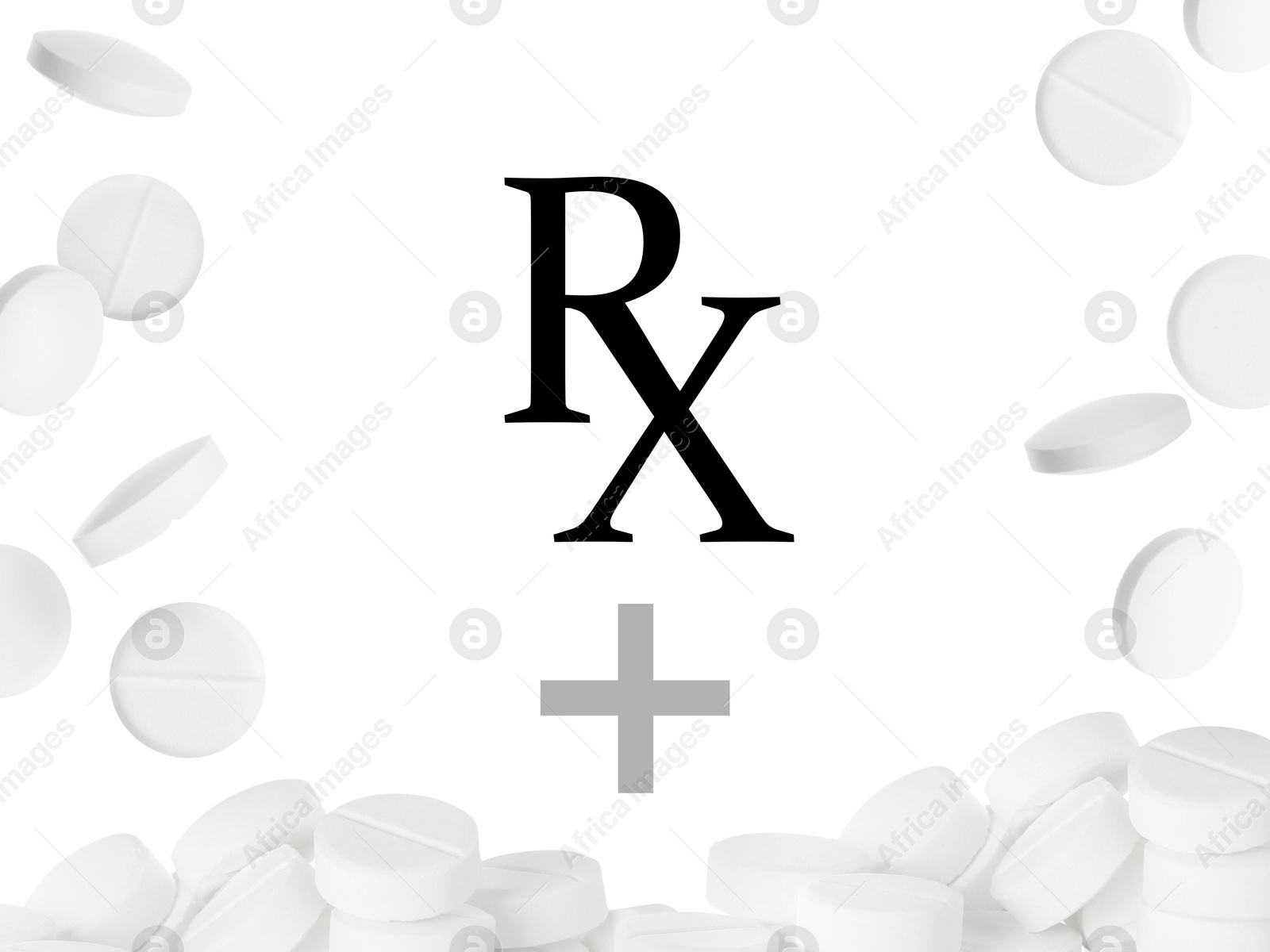 Image of Medical prescription. Abbreviation RX and pills on white background