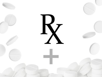 Image of Medical prescription. Abbreviation RX and pills on white background