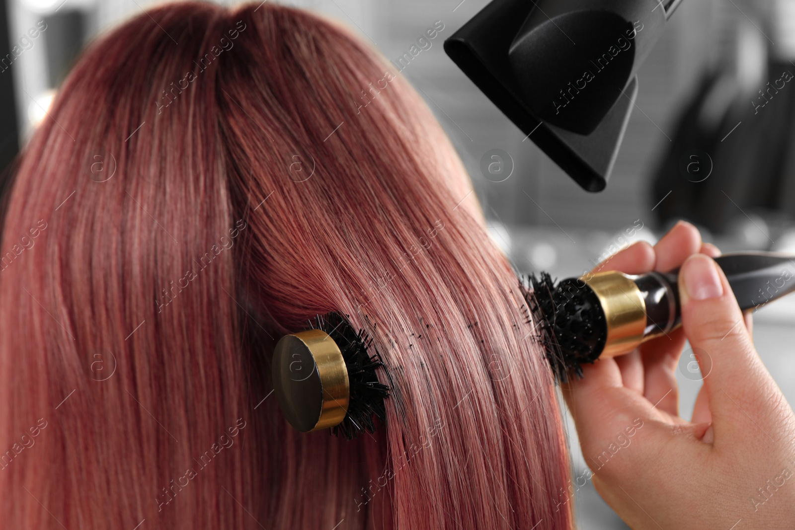 Image of Hairdresser blow drying client's pink hair in salon, closeup