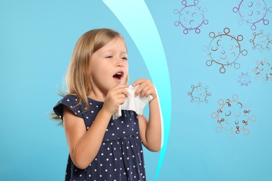 Little girl with tissue sneezing on light blue background. Immunity system fighting with virus