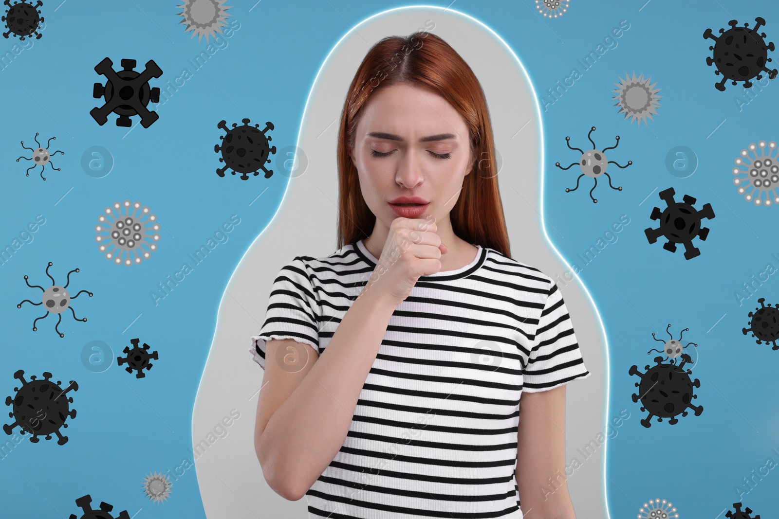 Image of Young woman coughing on light blue background. Immunity system fighting with virus