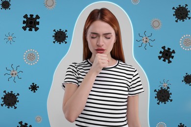 Young woman coughing on light blue background. Immunity system fighting with virus