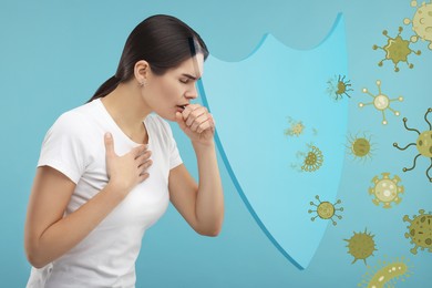 Image of Young woman coughing on light blue background. Immunity system as shield fighting with virus