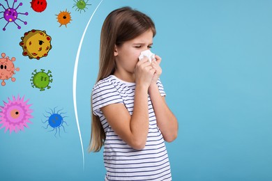 Image of Little girl with tissue sneezing on light blue background. Immunity system fighting with virus