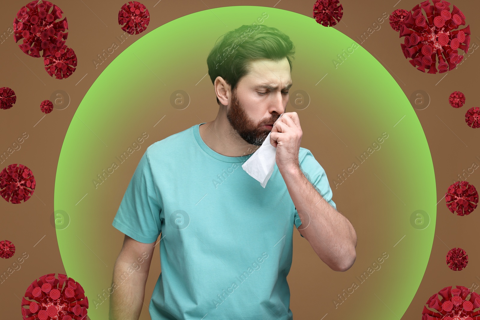 Image of Man coughing on color background. Immunity system fighting with virus