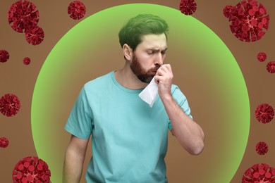 Image of Man coughing on color background. Immunity system fighting with virus