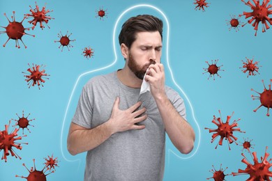 Image of Man coughing on light blue background. Immunity system fighting with virus