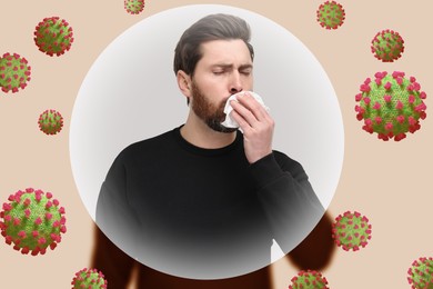 Man coughing on color background. Immunity system fighting with virus