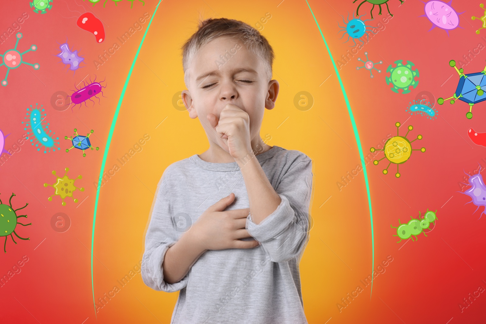 Image of Little boy coughing on color background. Immunity system fighting with virus