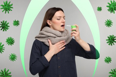 Image of Woman with scarf using throat spray on grey background. Help for Immunity system to fight against virus