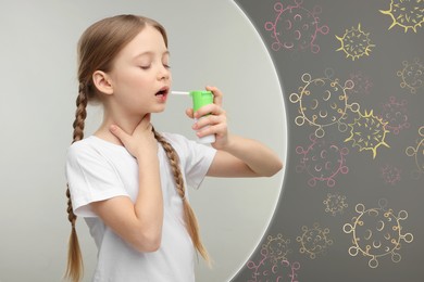 Image of Girl using throat spray on grey background. Help for Immunity system to fight against virus