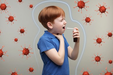 Image of Boy using throat spray on grey background. Help for Immunity system to fight against virus