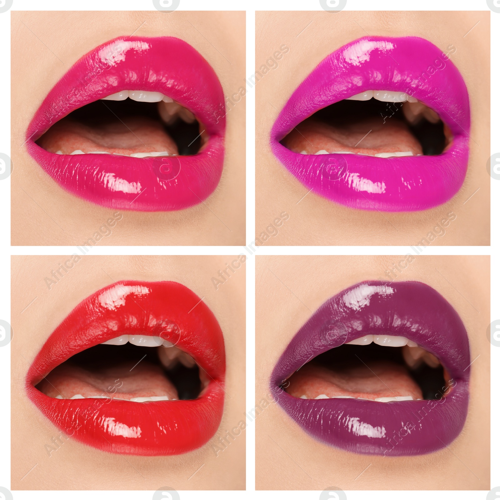 Image of Lipstick shades collection. Collage with photos of young woman, closeup