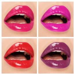 Image of Lipstick shades collection. Collage with photos of young woman, closeup