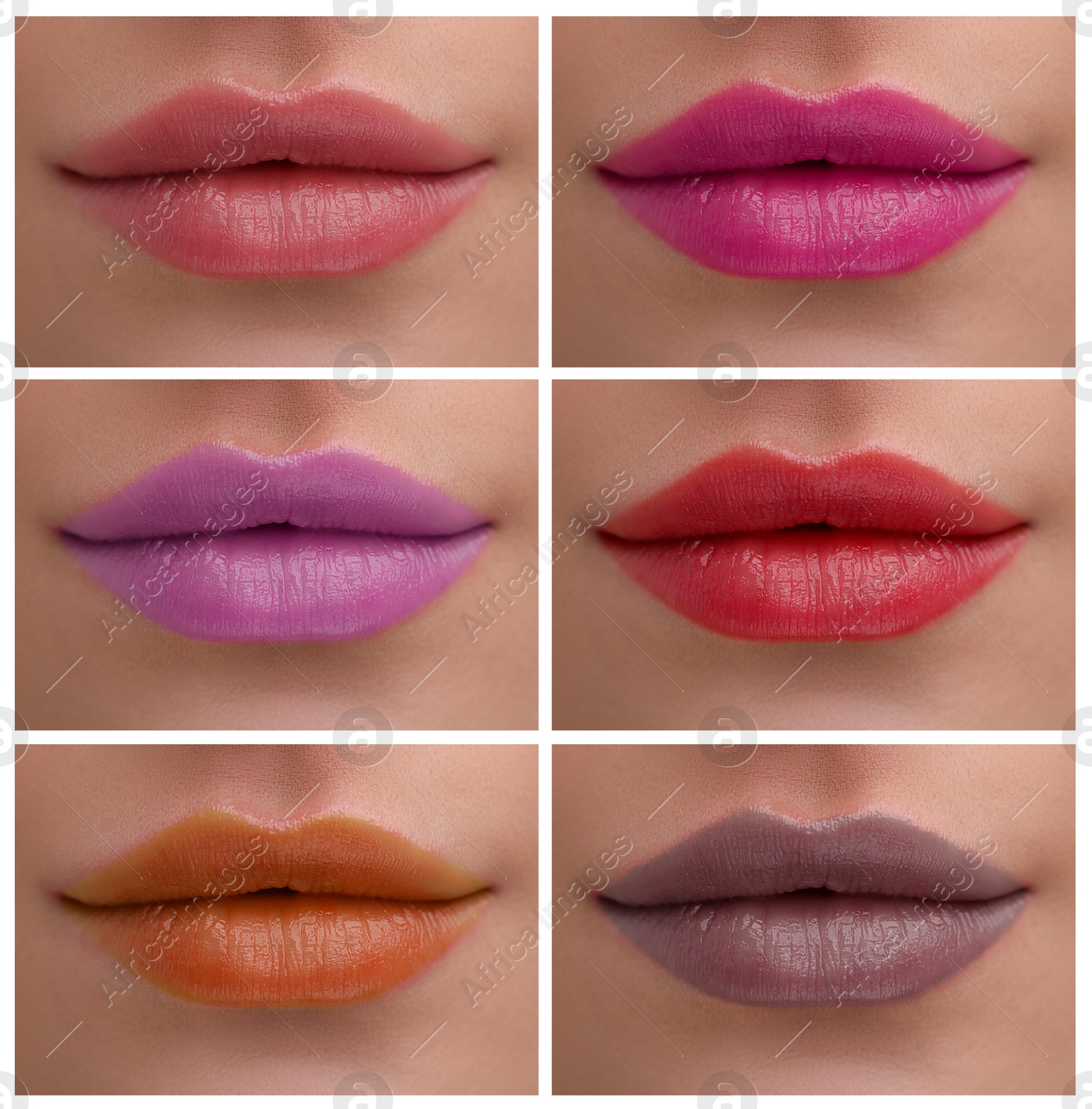 Image of Lipstick shades collection. Collage with photos of young woman, closeup