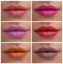 Lipstick shades collection. Collage with photos of young woman, closeup