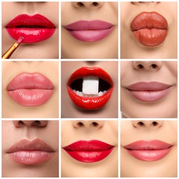 Lipstick shades collection. Collage with photos of young women, closeup