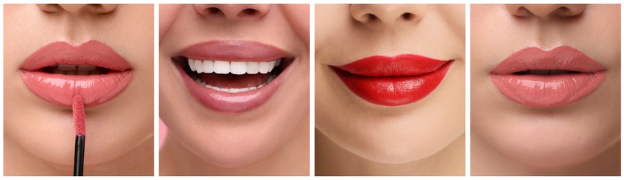 Lipstick shades collection. Collage with photos of young women, closeup