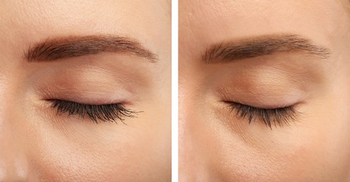 Image of Collage with photos of woman before and after applying mascara, closeup