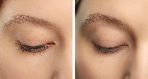 Collage with photos of woman before and after applying mascara, closeup