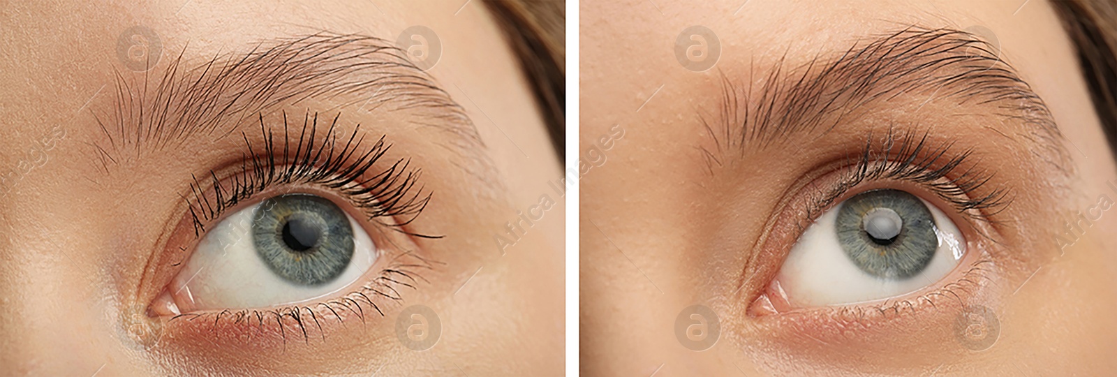 Image of Collage with photos of woman before and after applying mascara, closeup