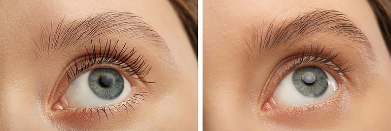 Collage with photos of woman before and after applying mascara, closeup