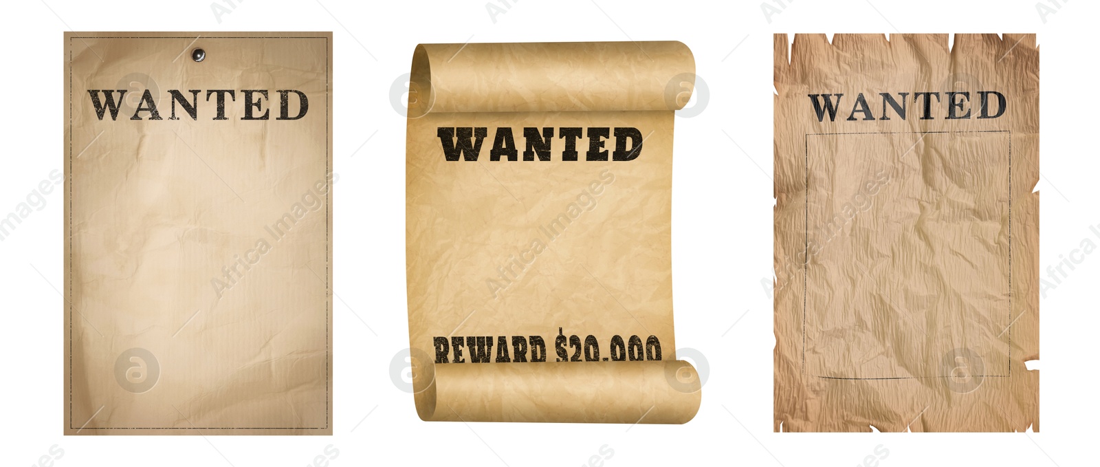 Image of Posters Wanted isolated on white, set. Space for design