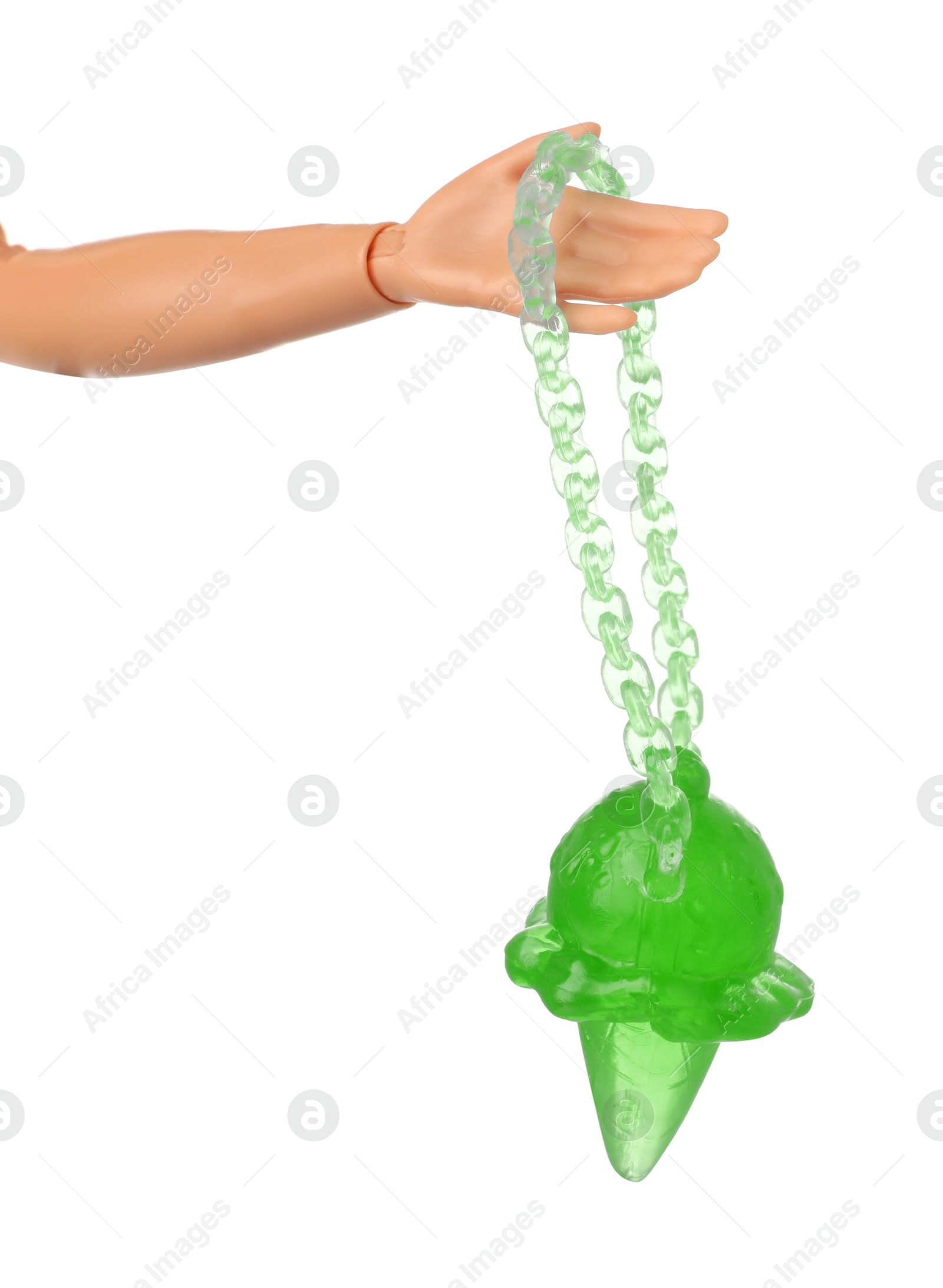 Image of Doll's hand with bag in shape of ice cream on white background