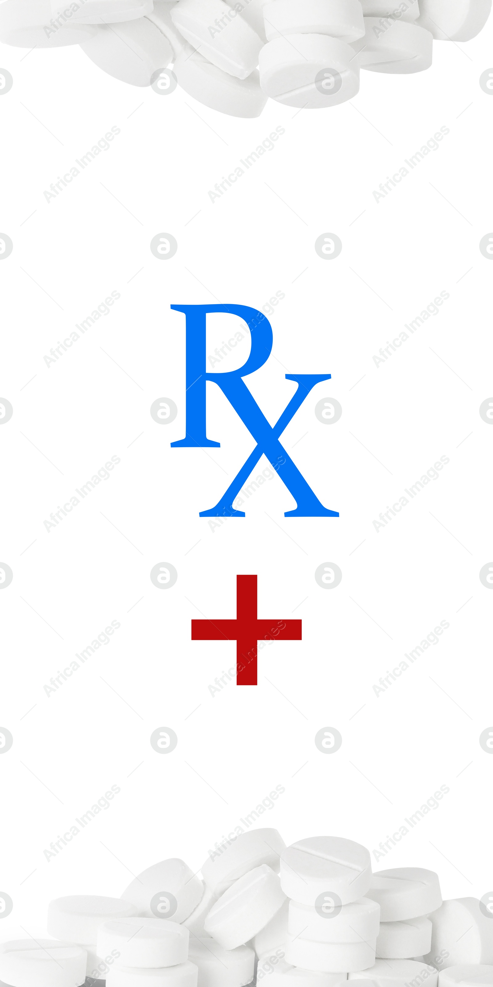 Image of Medical prescription. Abbreviation RX and pills on white background