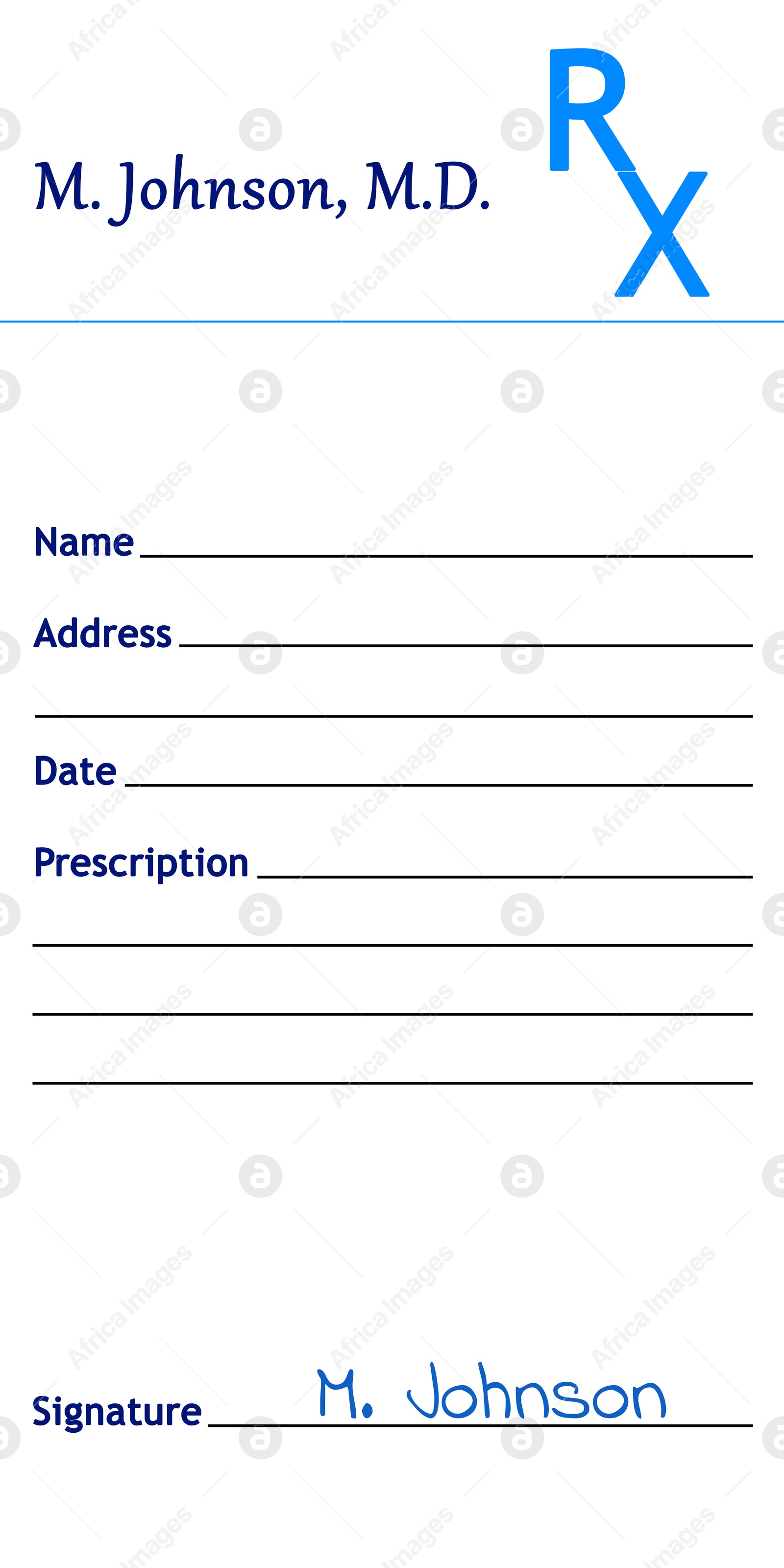 Image of Medical prescription with empty fields, abbreviation RX and signed by doctor