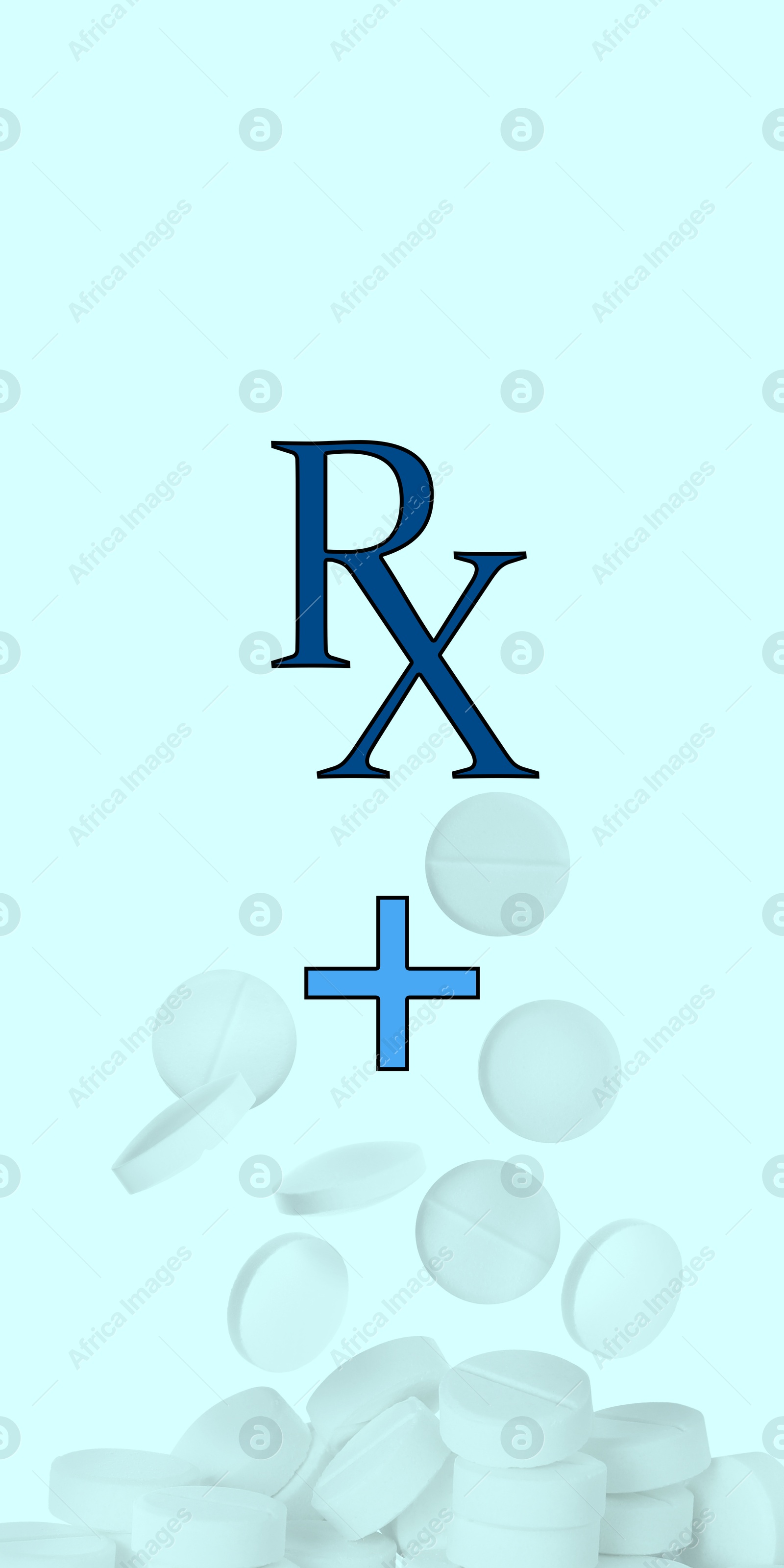 Image of Medical prescription. Abbreviation RX and pills on light blue background