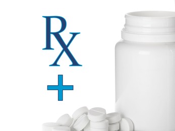 Image of Medical prescription. Abbreviation RX and pills on white background