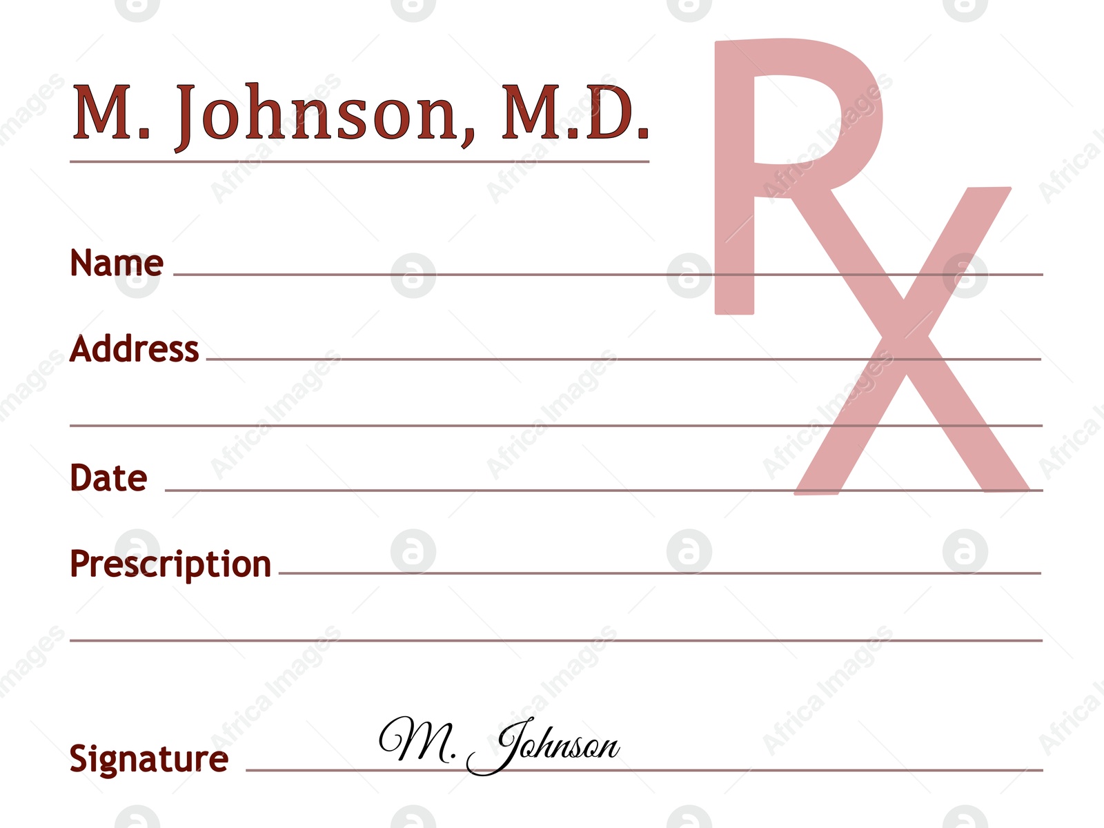 Image of Medical prescription with empty fields, abbreviation RX and signed by doctor