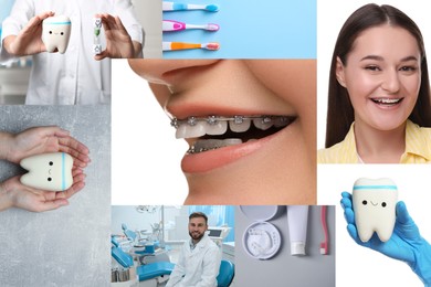 Image of Wearing braces. Collage with photos of young woman, dentists and dental tools