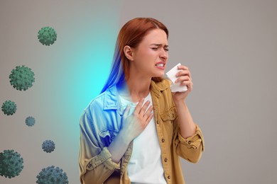 Image of Young woman with tissue coughing on grey background. Immunity system fighting with virus
