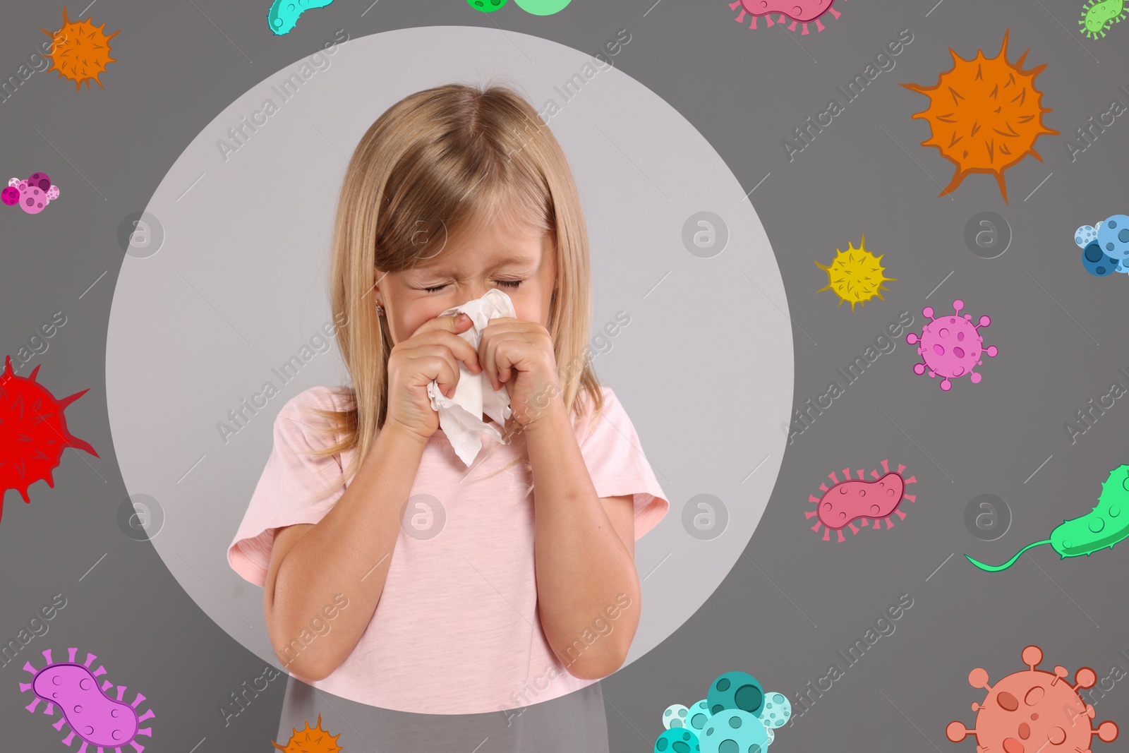 Image of Little girl with tissue sneezing on grey
background. Immunity system fighting with virus