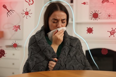 Image of Young woman with tissue sneezing at home. Immunity system fighting with virus